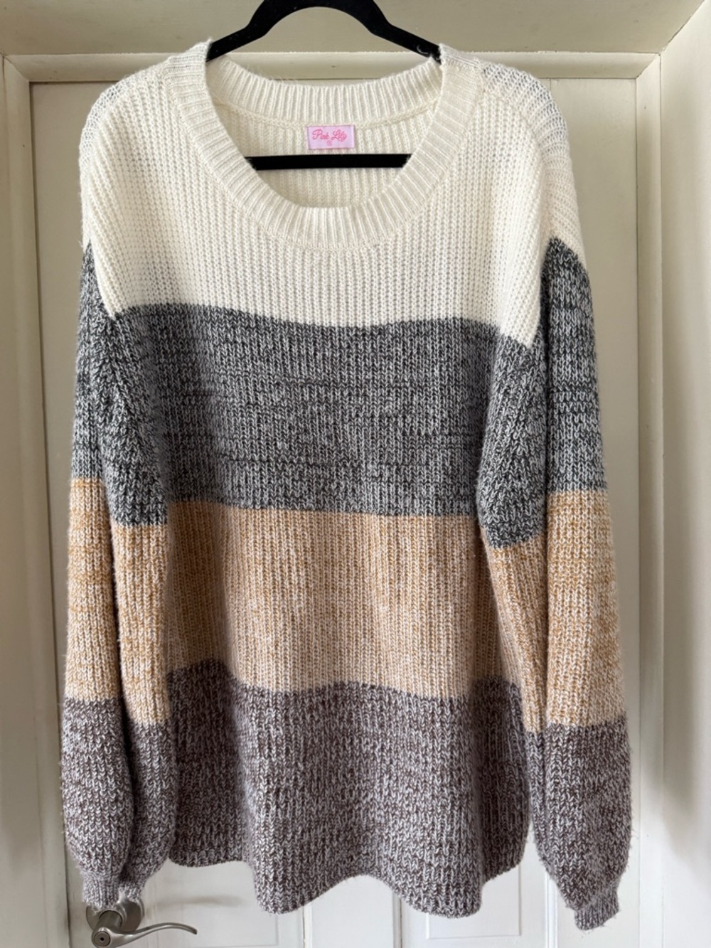 Pink Lily Cream, Gray & Tan Striped Crewneck Sweater